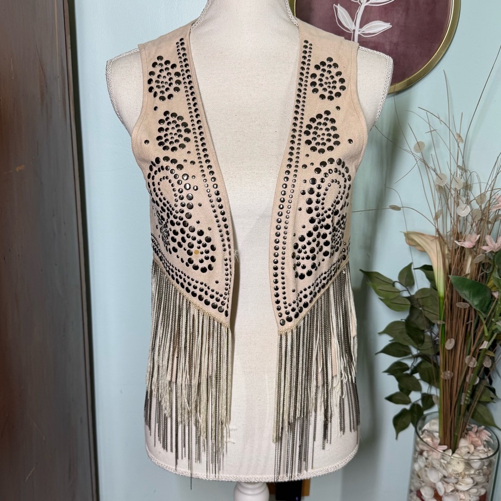 Cream Faux Suede Studded Fringe Vest